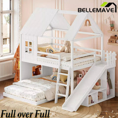 Bellemave® Bunk bed Twin Over Full with Slide,Ladders,Bookshelf & Wardrobe, House roof Design, Low bunk/loft Bed for Kids - Bellemave