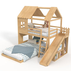 Bellemave® Bunk bed Twin Over Full with Slide,Ladders,Bookshelf & Wardrobe, House roof Design, Low bunk/loft Bed for Kids - Bellemave