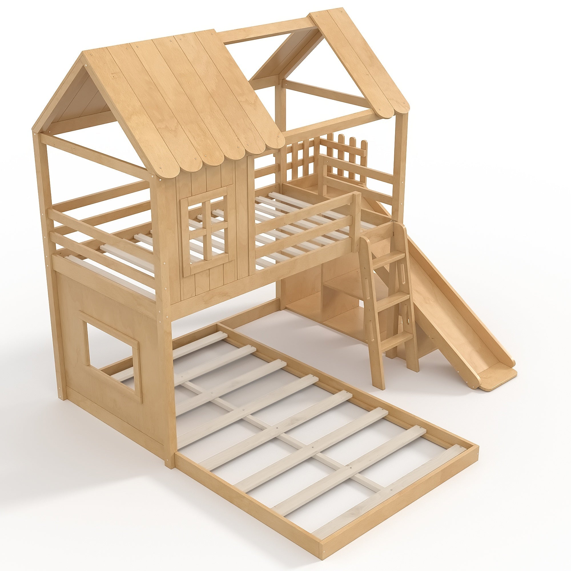 Bellemave® Bunk bed Twin Over Full with Slide,Ladders,Bookshelf & Wardrobe, House roof Design, Low bunk/loft Bed for Kids - Bellemave
