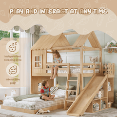 Bellemave® Bunk bed Twin Over Full with Slide,Ladders,Bookshelf & Wardrobe, House roof Design, Low bunk/loft Bed for Kids - Bellemave