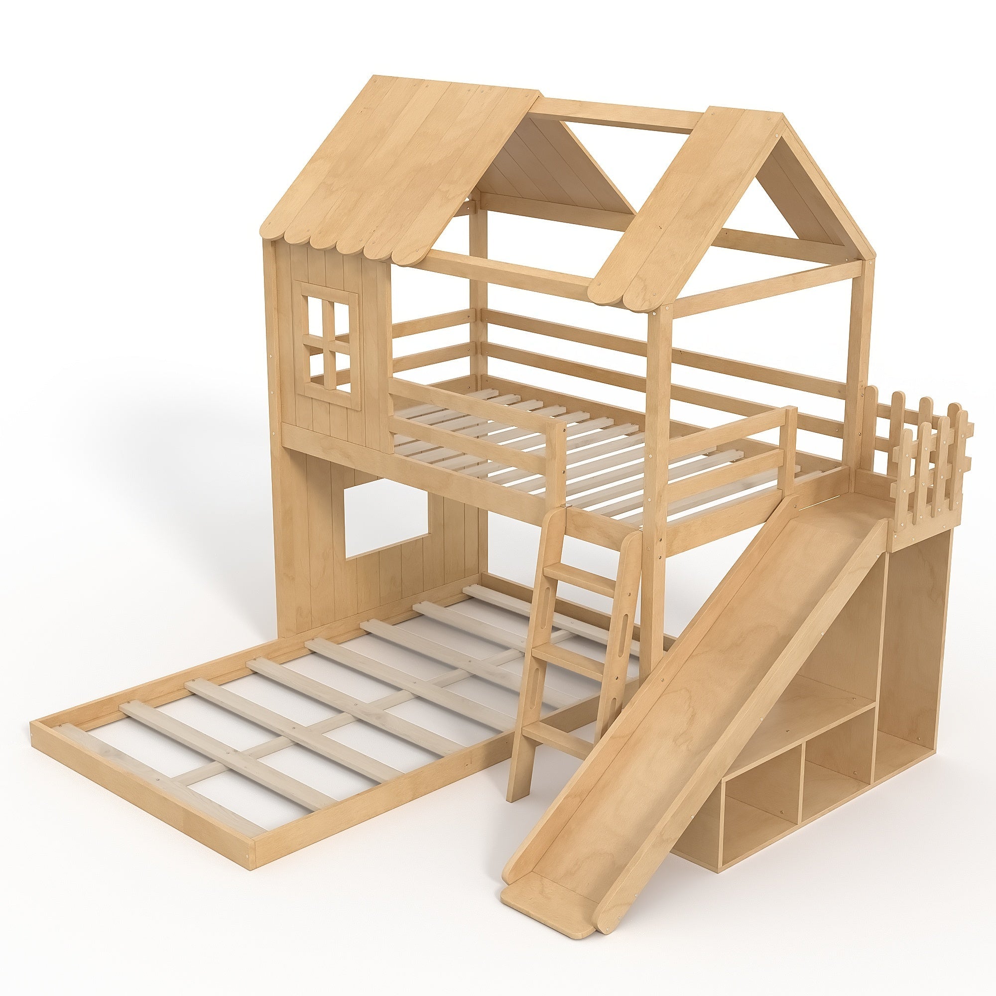 Bellemave® Bunk bed Twin Over Full with Slide,Ladders,Bookshelf & Wardrobe, House roof Design, Low bunk/loft Bed for Kids - Bellemave