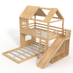Bellemave® Bunk bed Twin Over Full with Slide,Ladders,Bookshelf & Wardrobe, House roof Design, Low bunk/loft Bed for Kids - Bellemave