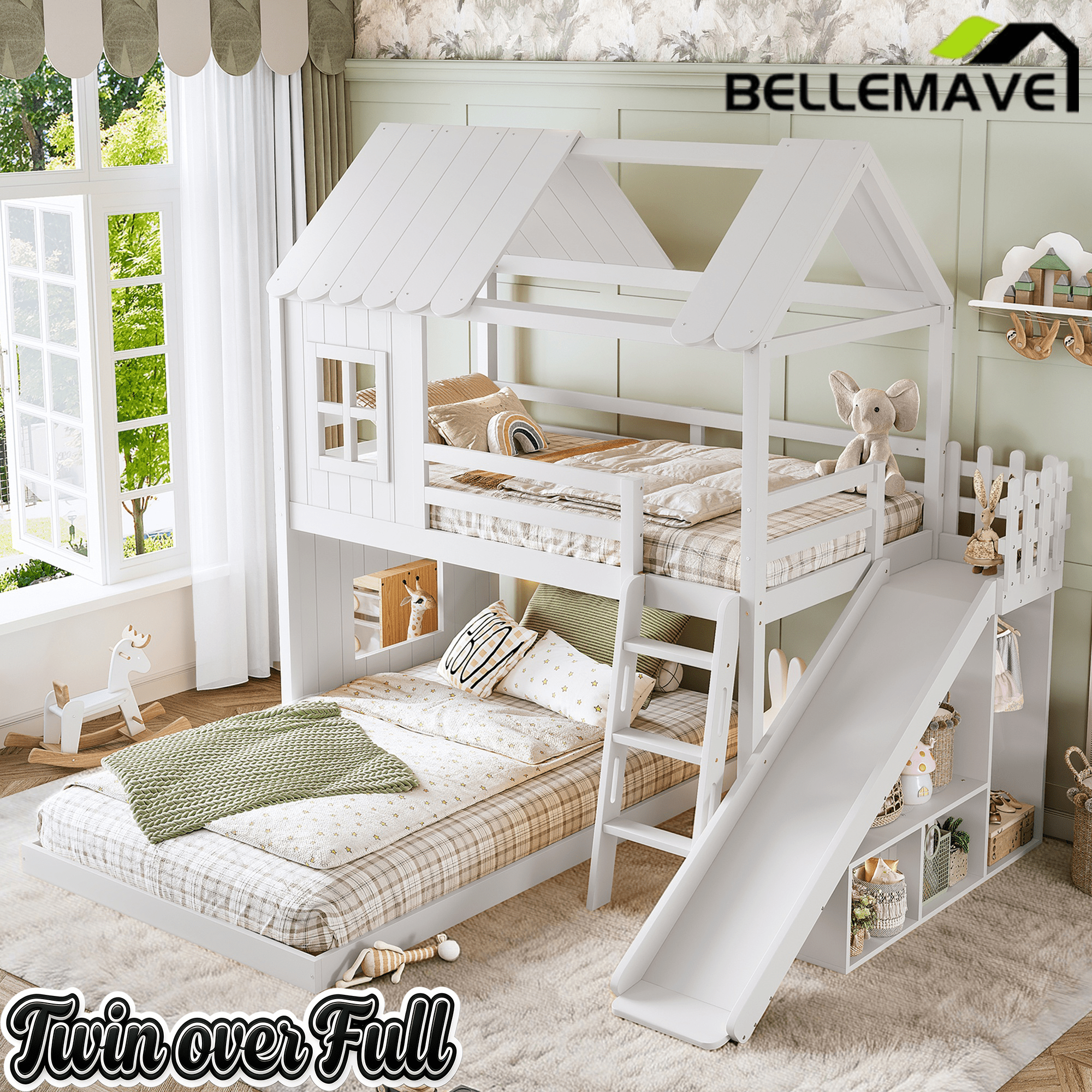 Bellemave® Bunk bed Twin Over Full with Slide,Ladders,Bookshelf & Wardrobe, House roof Design, Low bunk/loft Bed for Kids - Bellemave