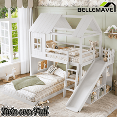 Bellemave® Bunk bed Twin Over Full with Slide,Ladders,Bookshelf & Wardrobe, House roof Design, Low bunk/loft Bed for Kids - Bellemave