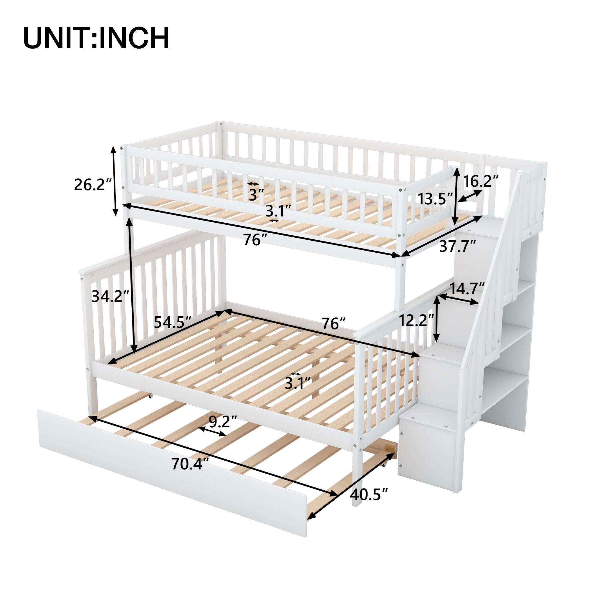 Bellemave® Bunk Bed Twin over Full with Trundle and Staircase,Gray - Bellemave