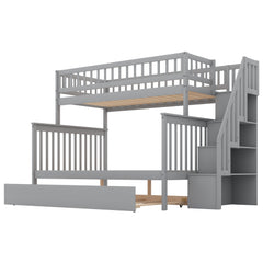 Bellemave® Bunk Bed Twin over Full with Trundle and Staircase,Gray - Bellemave