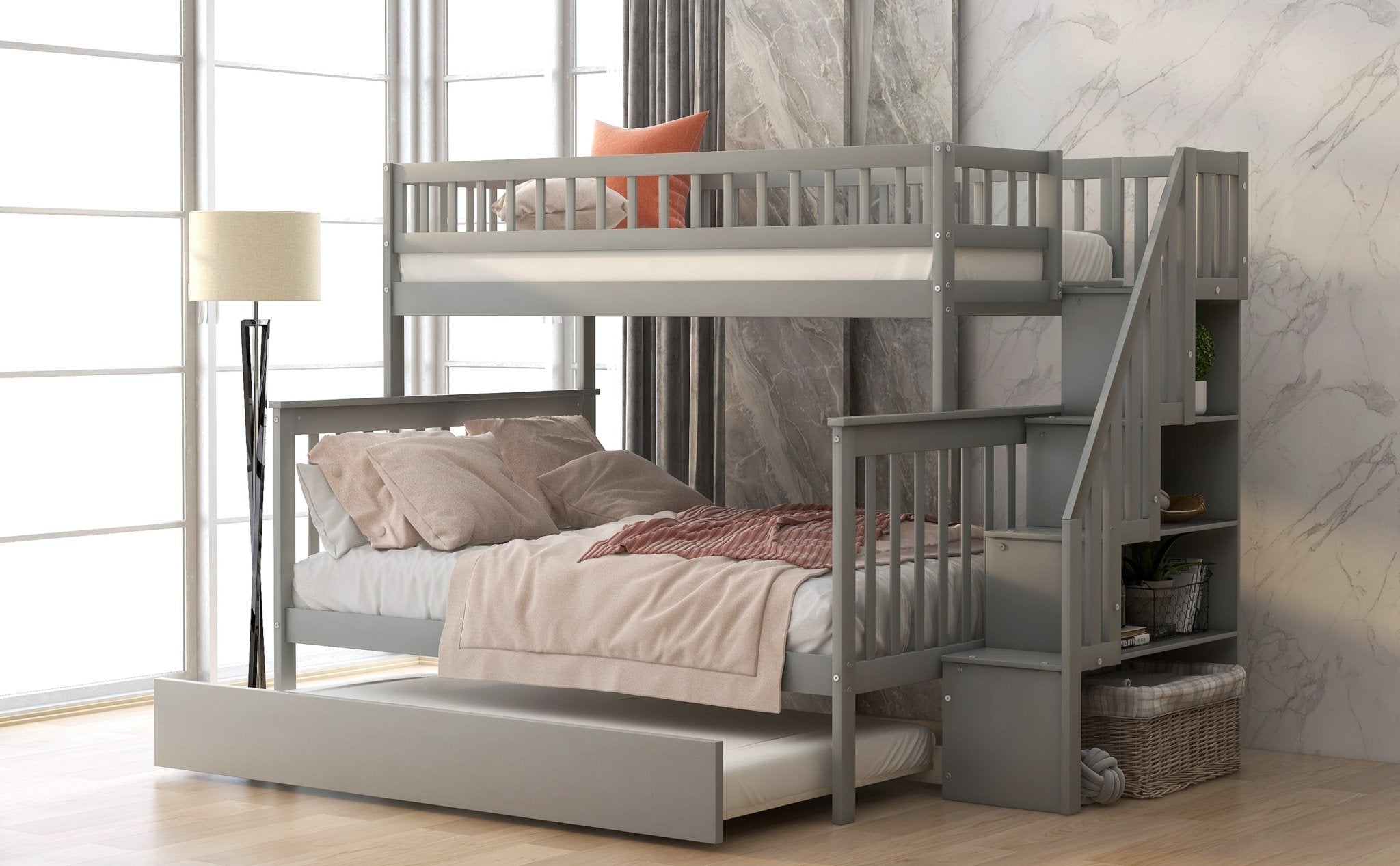 Bellemave® Bunk Bed Twin over Full with Trundle and Staircase,Gray - Bellemave