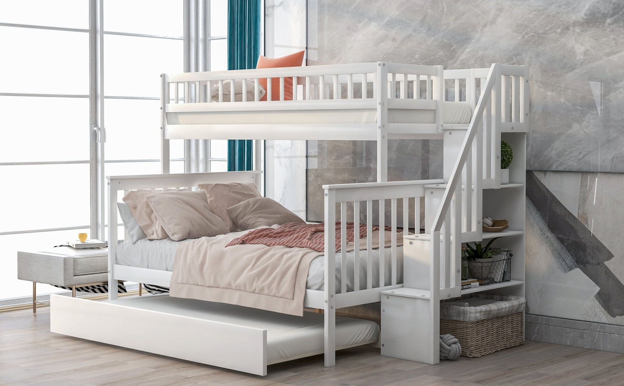 Bellemave® Bunk Bed Twin over Full with Trundle and Staircase,Gray - Bellemave