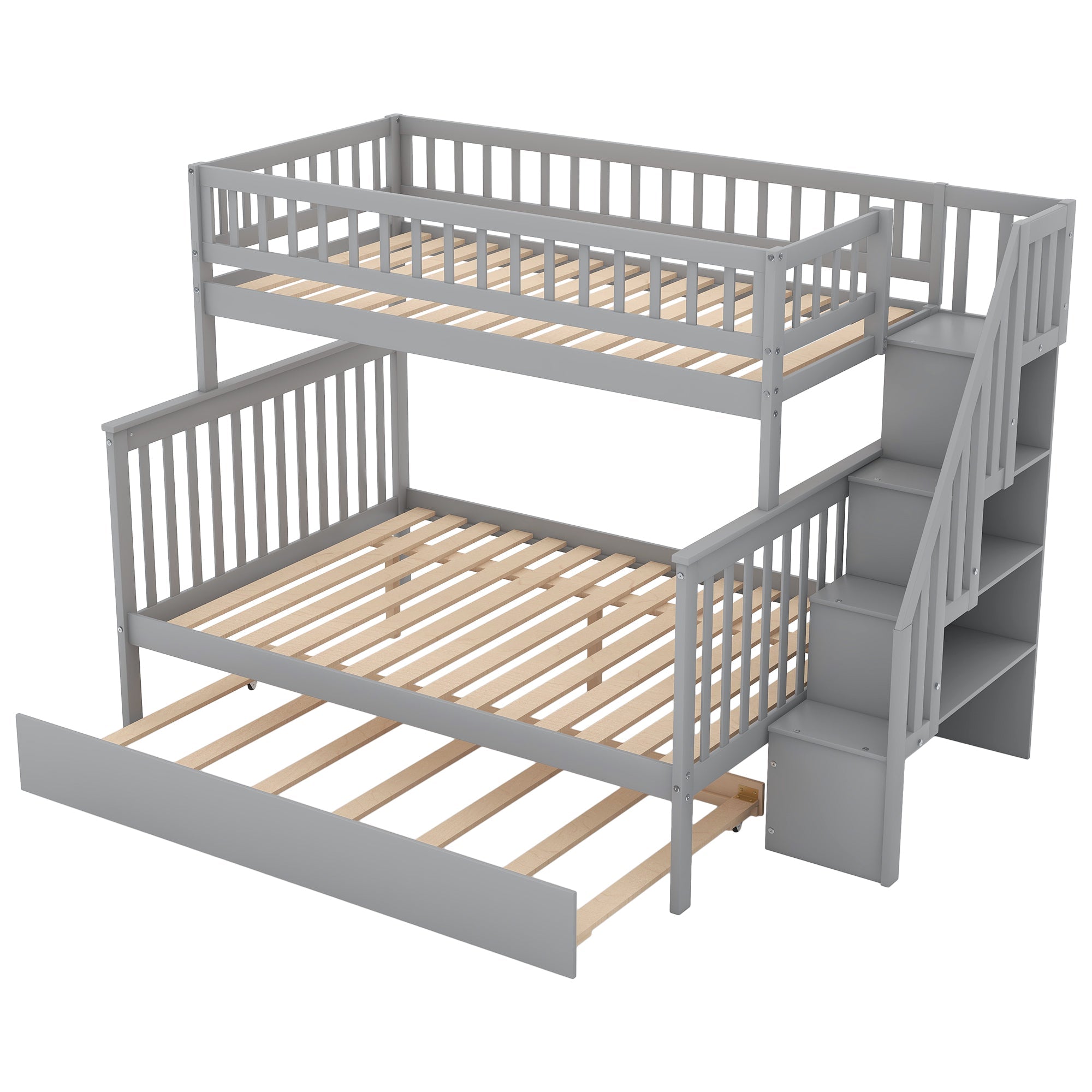 Bellemave® Bunk Bed Twin over Full with Trundle and Staircase,Gray - Bellemave