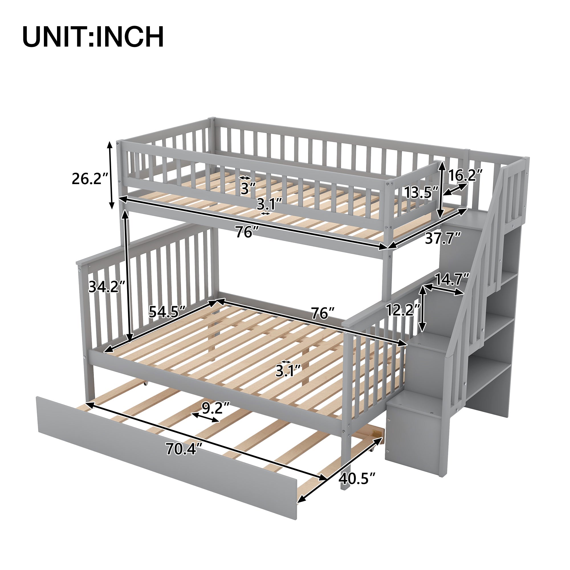 Bellemave® Bunk Bed Twin over Full with Trundle and Staircase,Gray - Bellemave