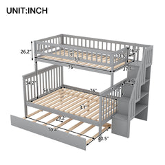 Bellemave® Bunk Bed Twin over Full with Trundle and Staircase,Gray - Bellemave