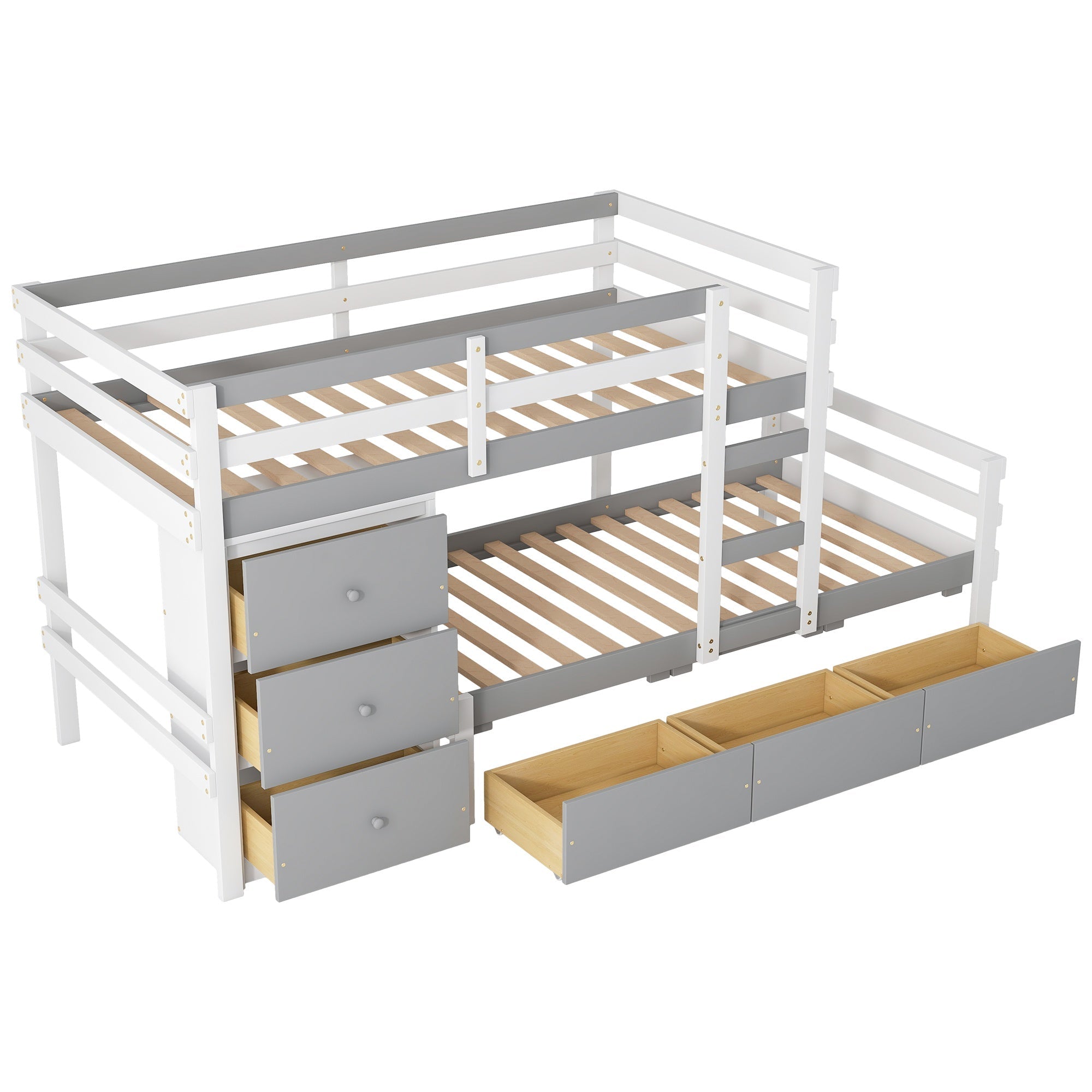 Bellemave® Bunk Bed Twin Over Twin with 6 Storage Drawers, Solid Wood Bunk Beds with Guardrails & Ladders, No Box Spring Needed, Gray) - Bellemave