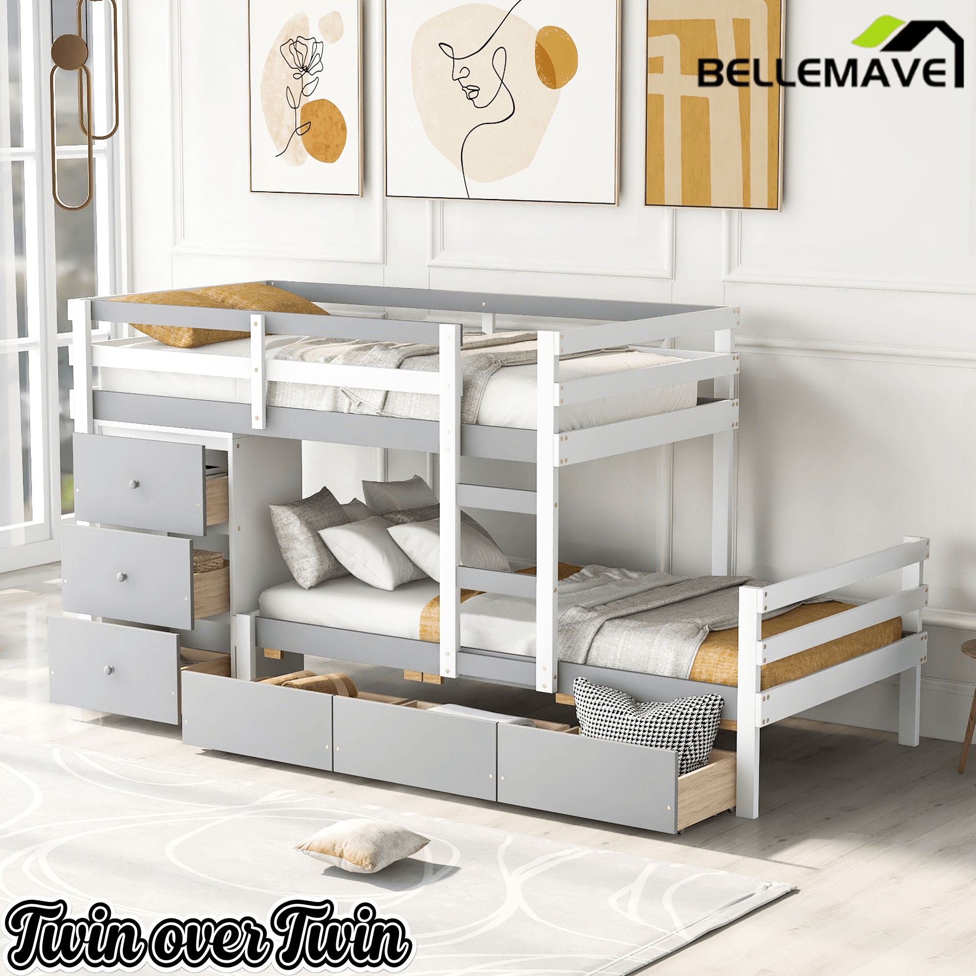 Bellemave® Bunk Bed Twin Over Twin with 6 Storage Drawers, Solid Wood Bunk Beds with Guardrails & Ladders, No Box Spring Needed, Gray) - Bellemave