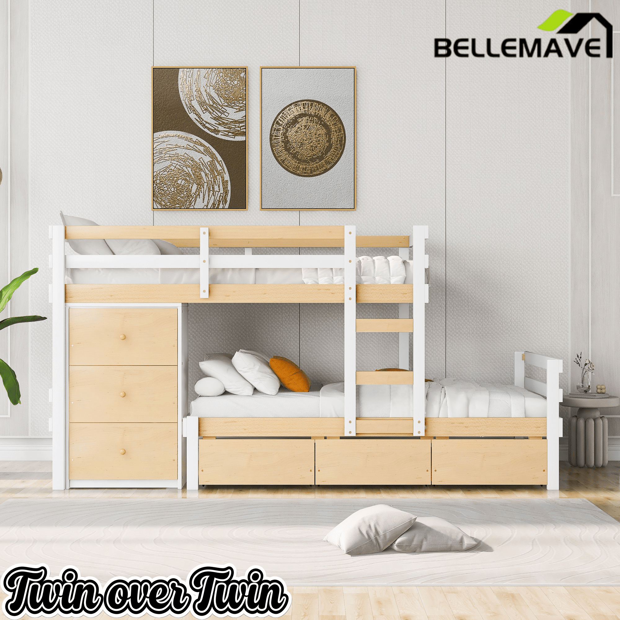 Bellemave® Bunk Bed Twin Over Twin with 6 Storage Drawers, Solid Wood Bunk Beds with Guardrails & Ladders, No Box Spring Needed, Gray) - Bellemave