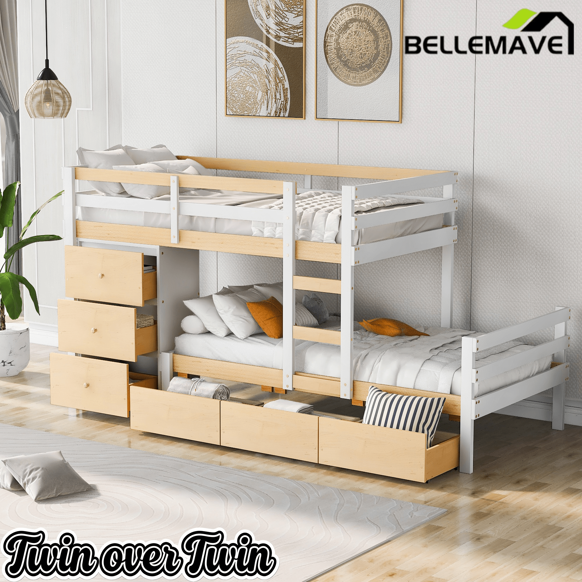 Bellemave® Bunk Bed Twin Over Twin with 6 Storage Drawers, Solid Wood Bunk Beds with Guardrails & Ladders, No Box Spring Needed, Gray) - Bellemave
