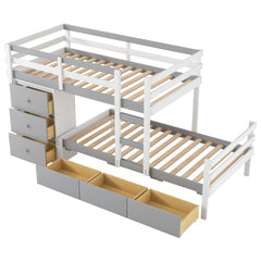 Bellemave® Bunk Bed Twin Over Twin with 6 Storage Drawers, Solid Wood Bunk Beds with Guardrails & Ladders, No Box Spring Needed, Gray) - Bellemave