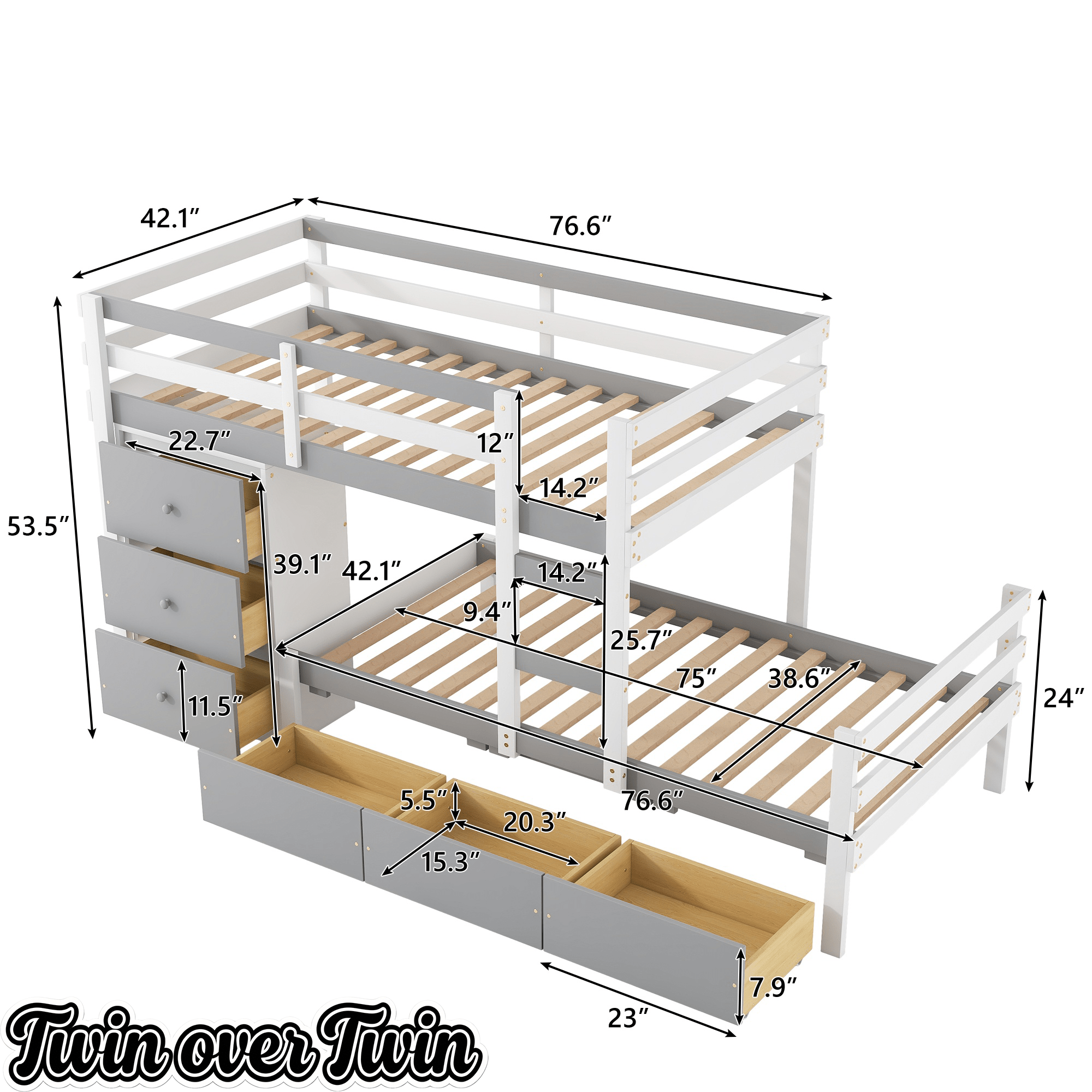 Bellemave® Bunk Bed Twin Over Twin with 6 Storage Drawers, Solid Wood Bunk Beds with Guardrails & Ladders, No Box Spring Needed, Gray) - Bellemave