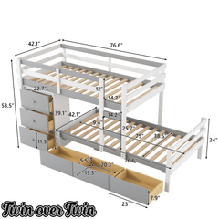 Bellemave® Bunk Bed Twin Over Twin with 6 Storage Drawers, Solid Wood Bunk Beds with Guardrails & Ladders, No Box Spring Needed, Gray) - Bellemave