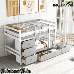 Bellemave® Bunk Bed Twin Over Twin with 6 Storage Drawers, Solid Wood Bunk Beds with Guardrails & Ladders, No Box Spring Needed, Gray) - Bellemave