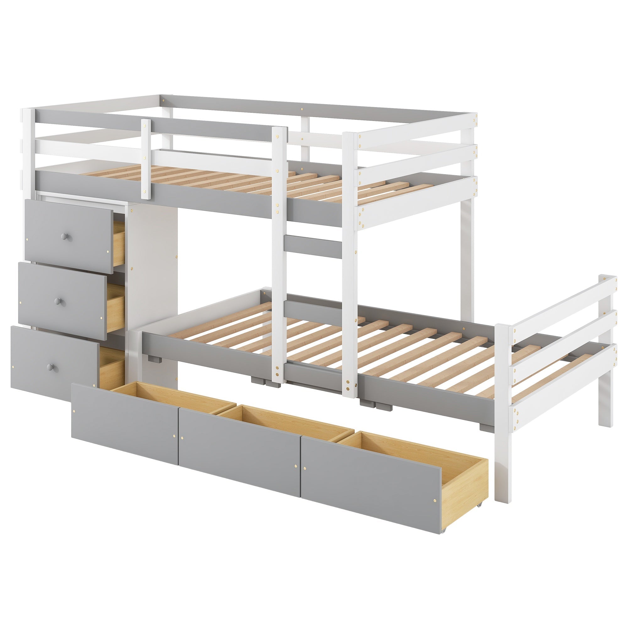 Bellemave® Bunk Bed Twin Over Twin with 6 Storage Drawers, Solid Wood Bunk Beds with Guardrails & Ladders, No Box Spring Needed, Gray) - Bellemave