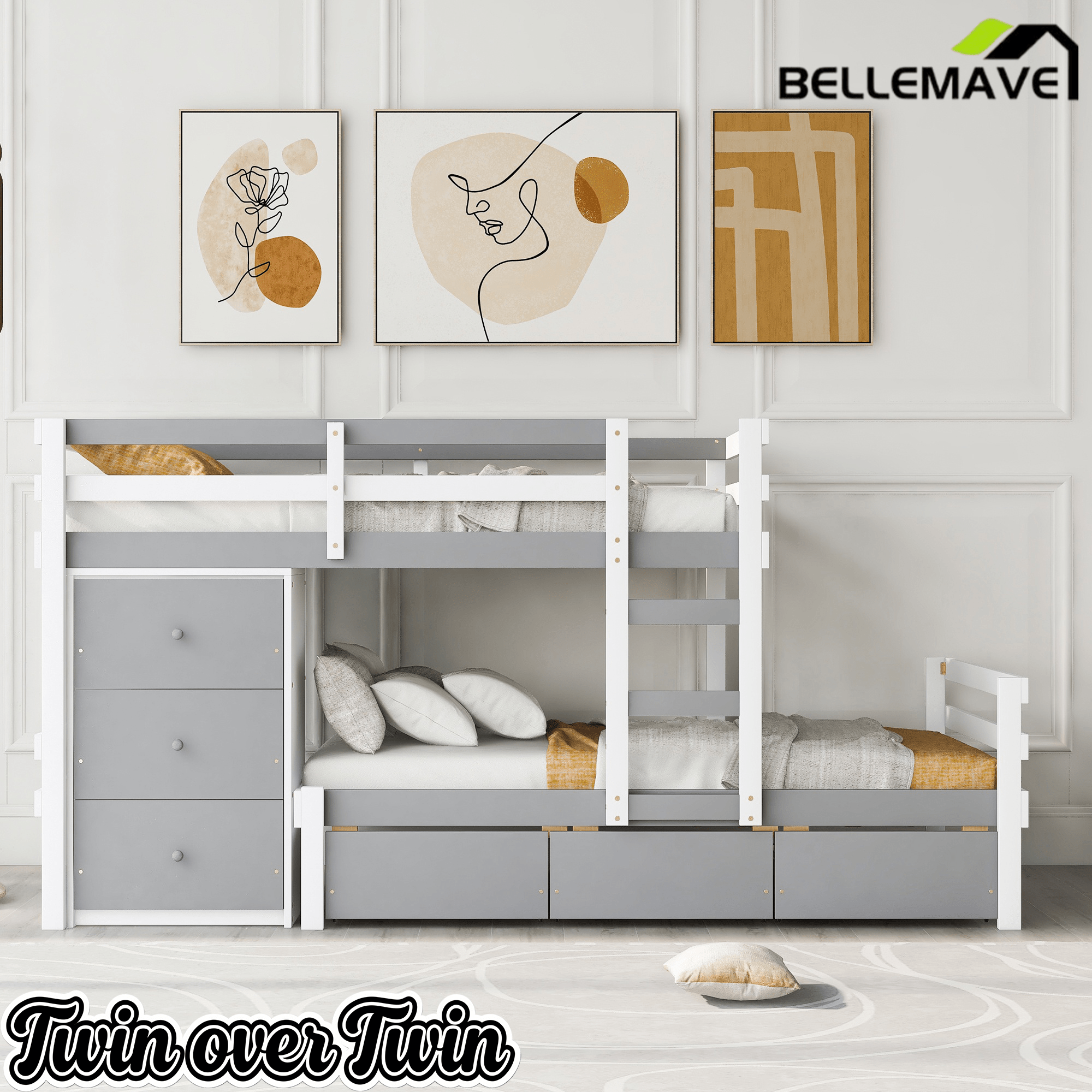 Bellemave® Bunk Bed Twin Over Twin with 6 Storage Drawers, Solid Wood Bunk Beds with Guardrails & Ladders, No Box Spring Needed, Gray) - Bellemave