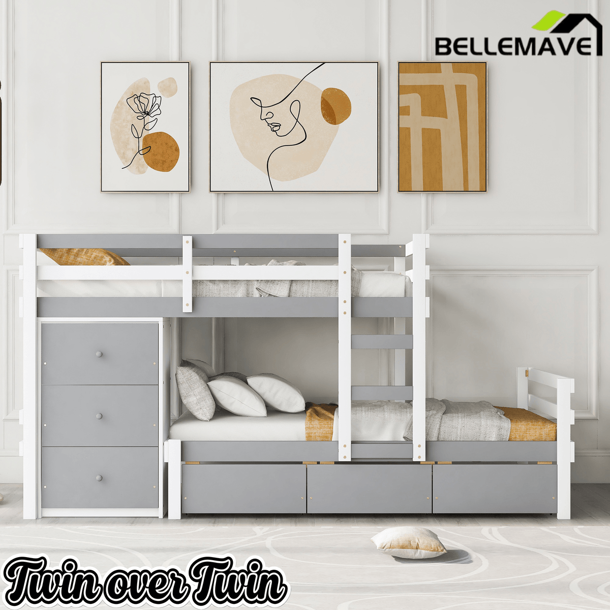 Bellemave® Bunk Bed Twin Over Twin with 6 Storage Drawers, Solid Wood Bunk Beds with Guardrails & Ladders, No Box Spring Needed, Gray) - Bellemave