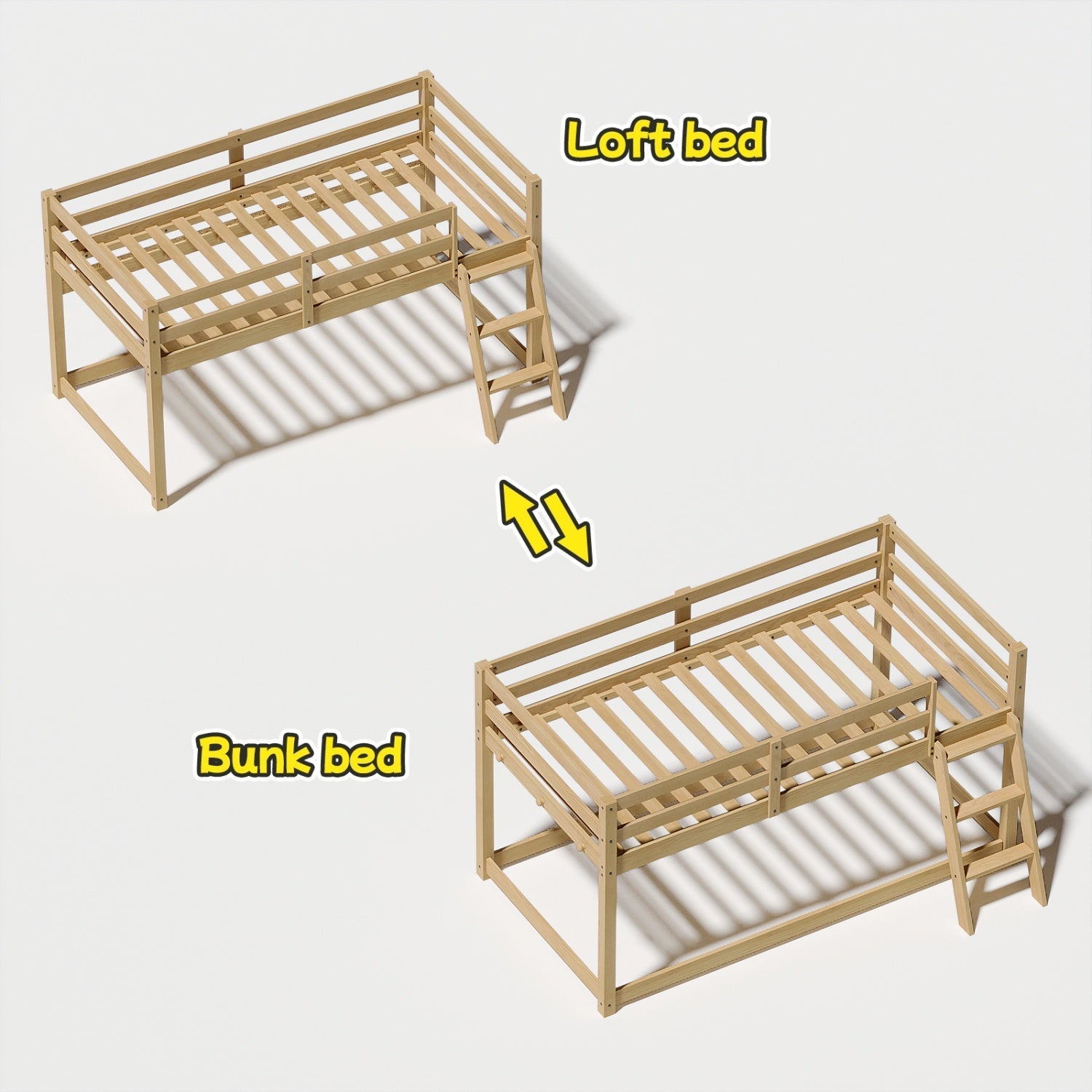 Bellemave® Bunk Bed Twin Over Twin with LED & Safety Hook, Loft Bed for Kids, Floor Bunk beds with Guardrails - Bellemave