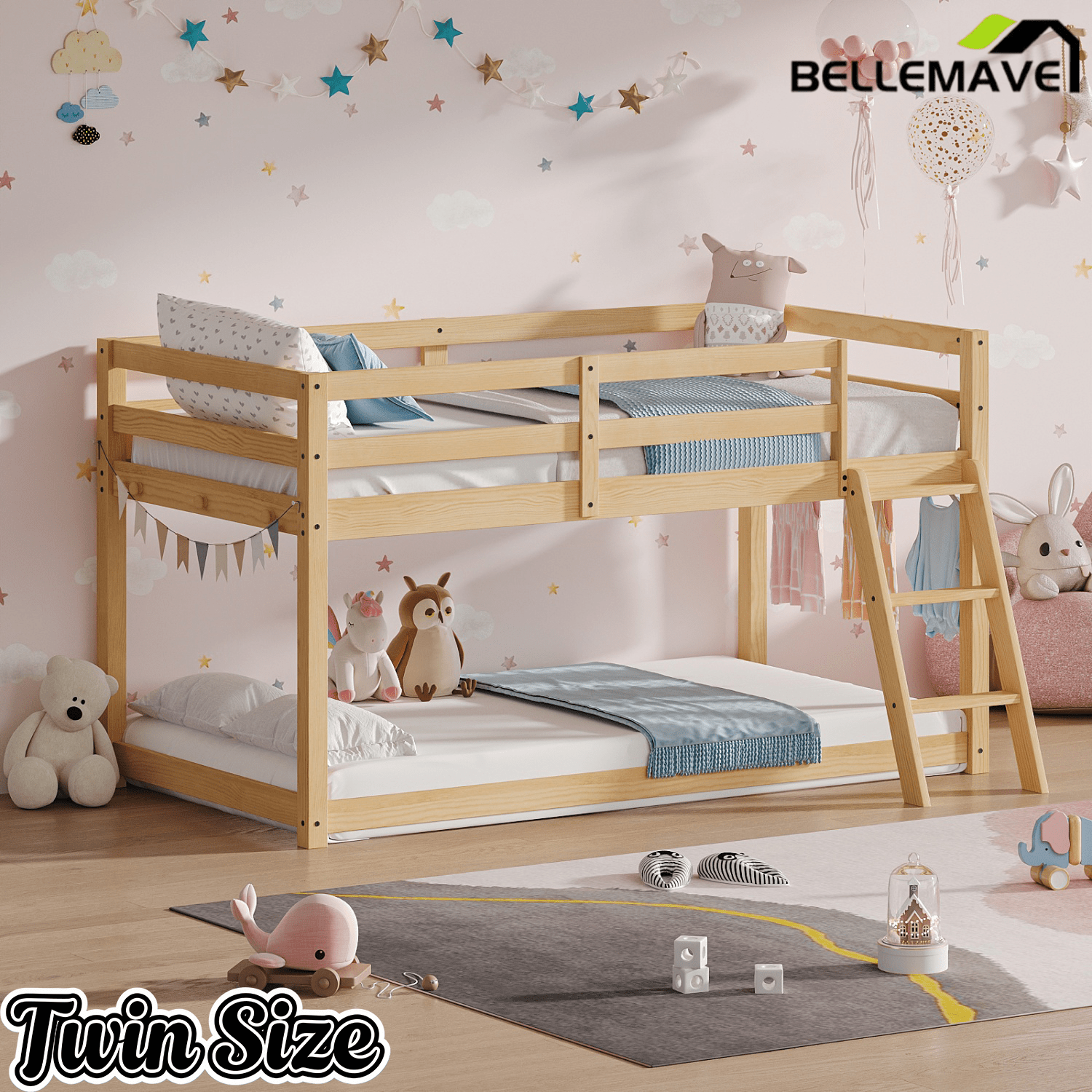 Bellemave® Bunk Bed Twin Over Twin with LED & Safety Hook, Loft Bed for Kids, Floor Bunk beds with Guardrails - Bellemave