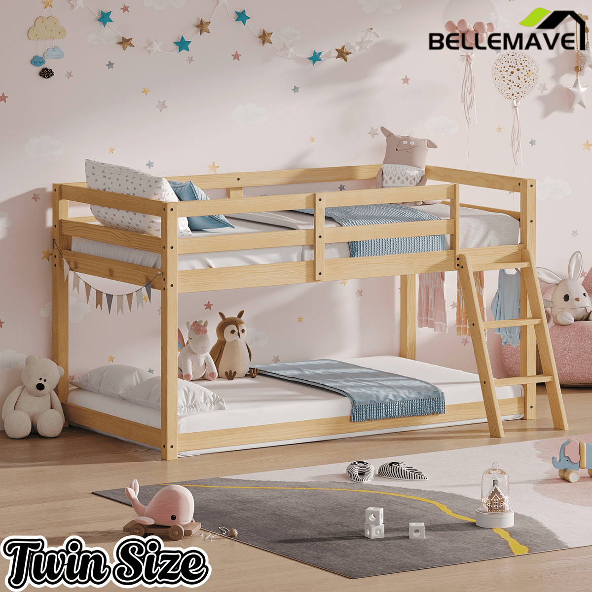 Bellemave® Bunk Bed Twin Over Twin with LED & Safety Hook, Loft Bed for Kids, Floor Bunk beds with Guardrails - Bellemave