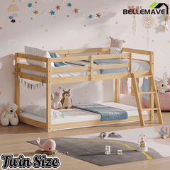 Bellemave® Bunk Bed Twin Over Twin with LED & Safety Hook, Loft Bed for Kids, Floor Bunk beds with Guardrails - Bellemave