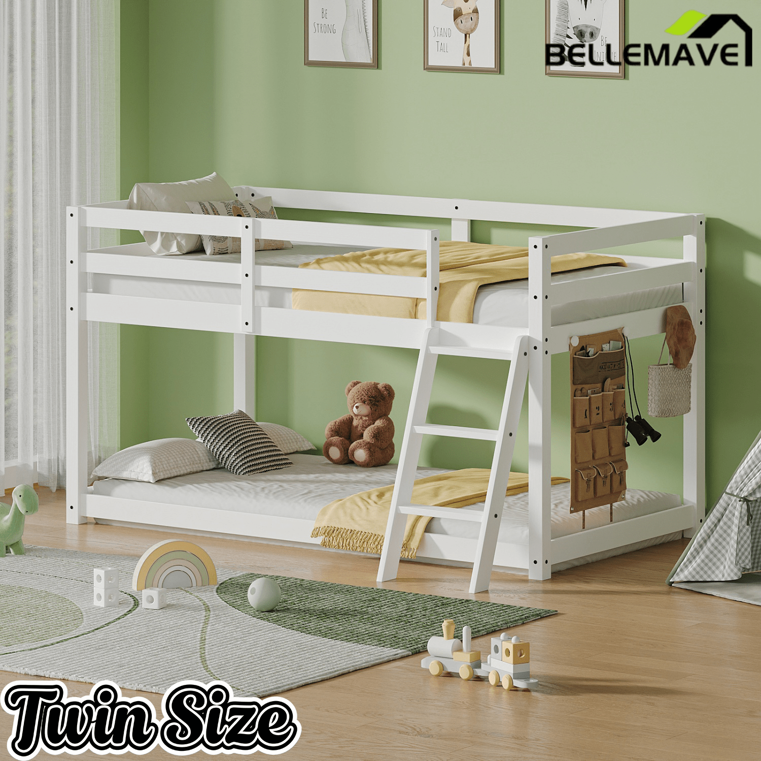 Bellemave® Bunk Bed Twin Over Twin with LED & Safety Hook, Loft Bed for Kids, Floor Bunk beds with Guardrails - Bellemave