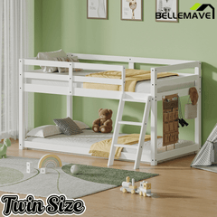 Bellemave® Bunk Bed Twin Over Twin with LED & Safety Hook, Loft Bed for Kids, Floor Bunk beds with Guardrails - Bellemave