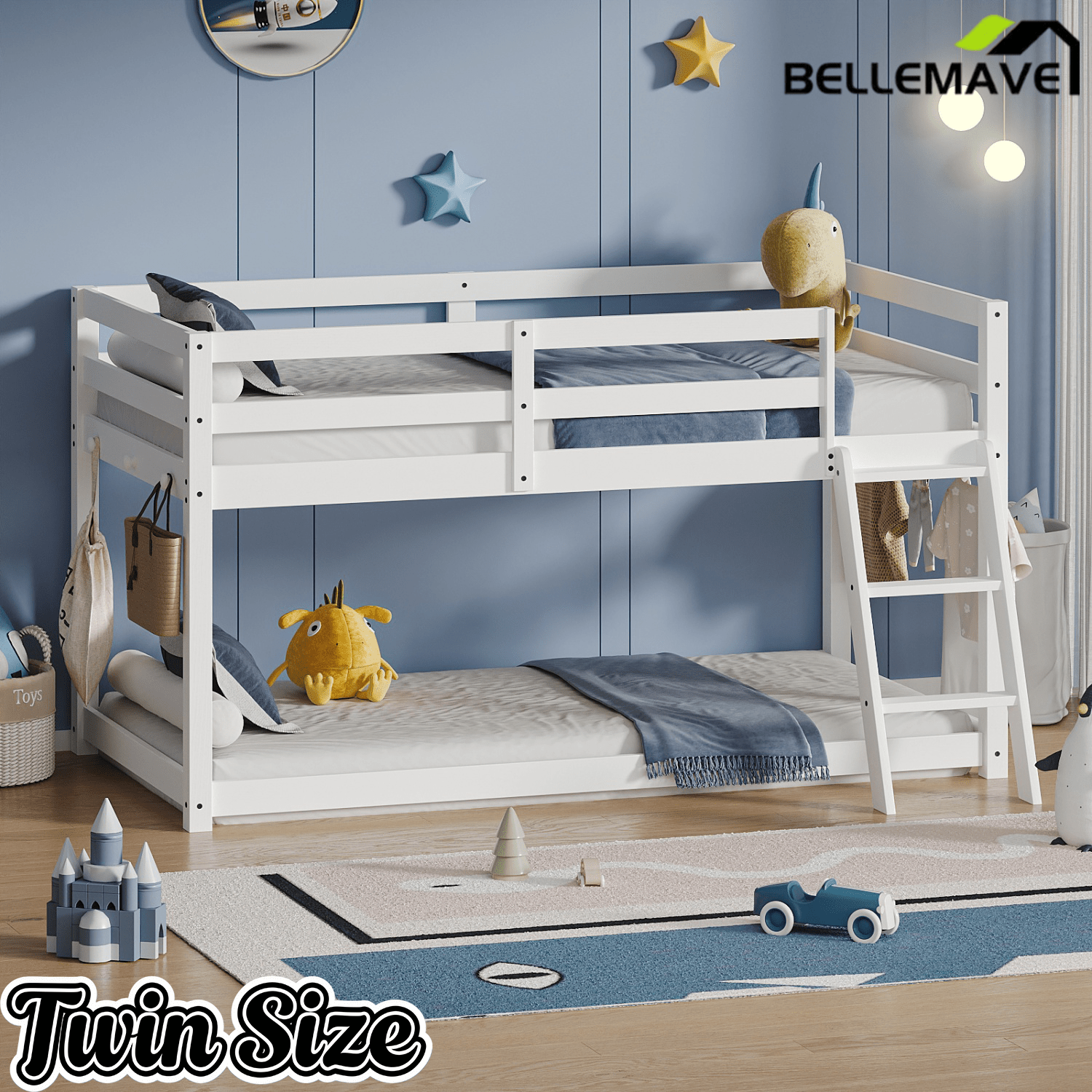 Bellemave® Bunk Bed Twin Over Twin with LED & Safety Hook, Loft Bed for Kids, Floor Bunk beds with Guardrails - Bellemave