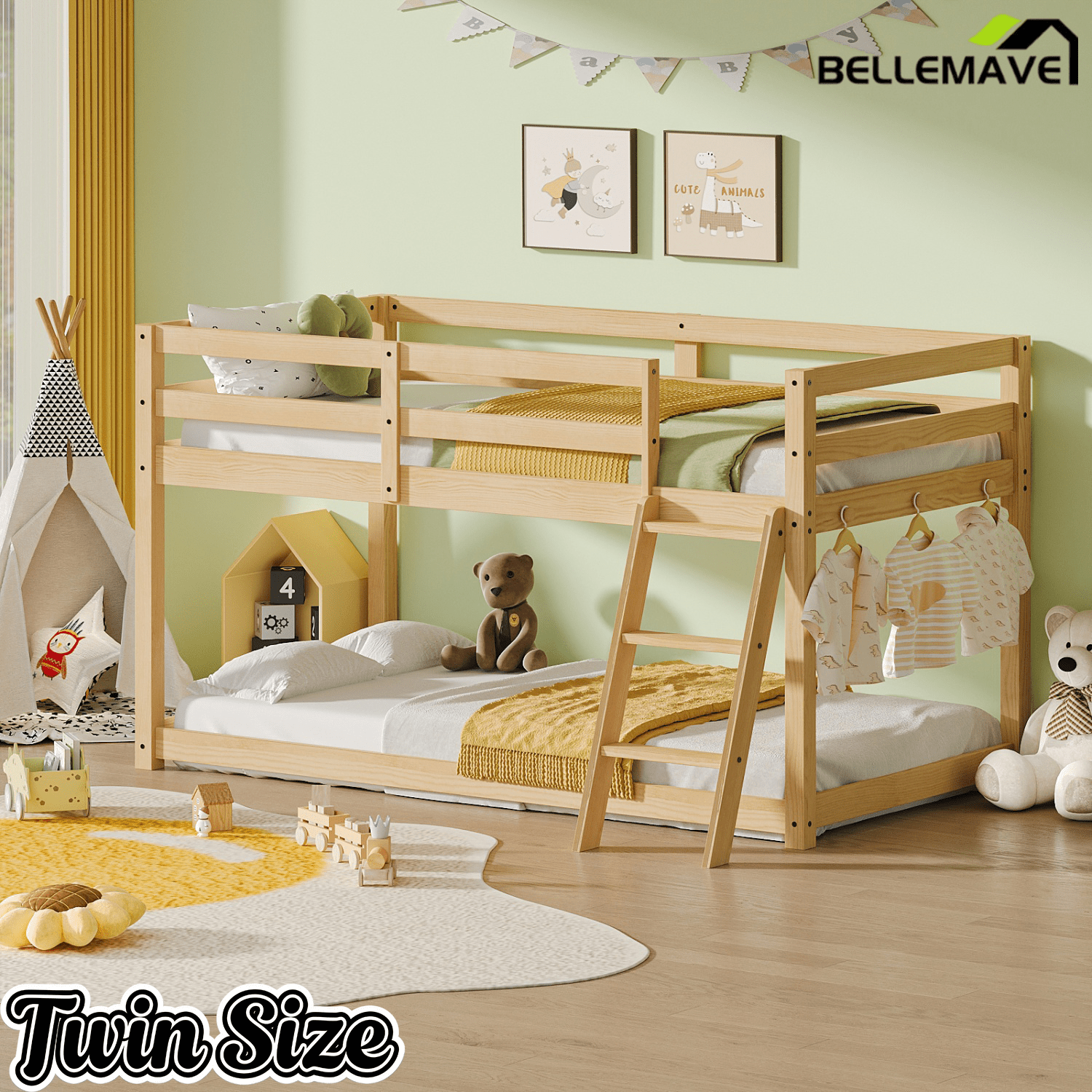 Bellemave® Bunk Bed Twin Over Twin with LED & Safety Hook, Loft Bed for Kids, Floor Bunk beds with Guardrails - Bellemave