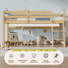 Bellemave® Bunk Bed Twin Over Twin with LED & Safety Hook, Loft Bed for Kids, Floor Bunk beds with Guardrails - Bellemave