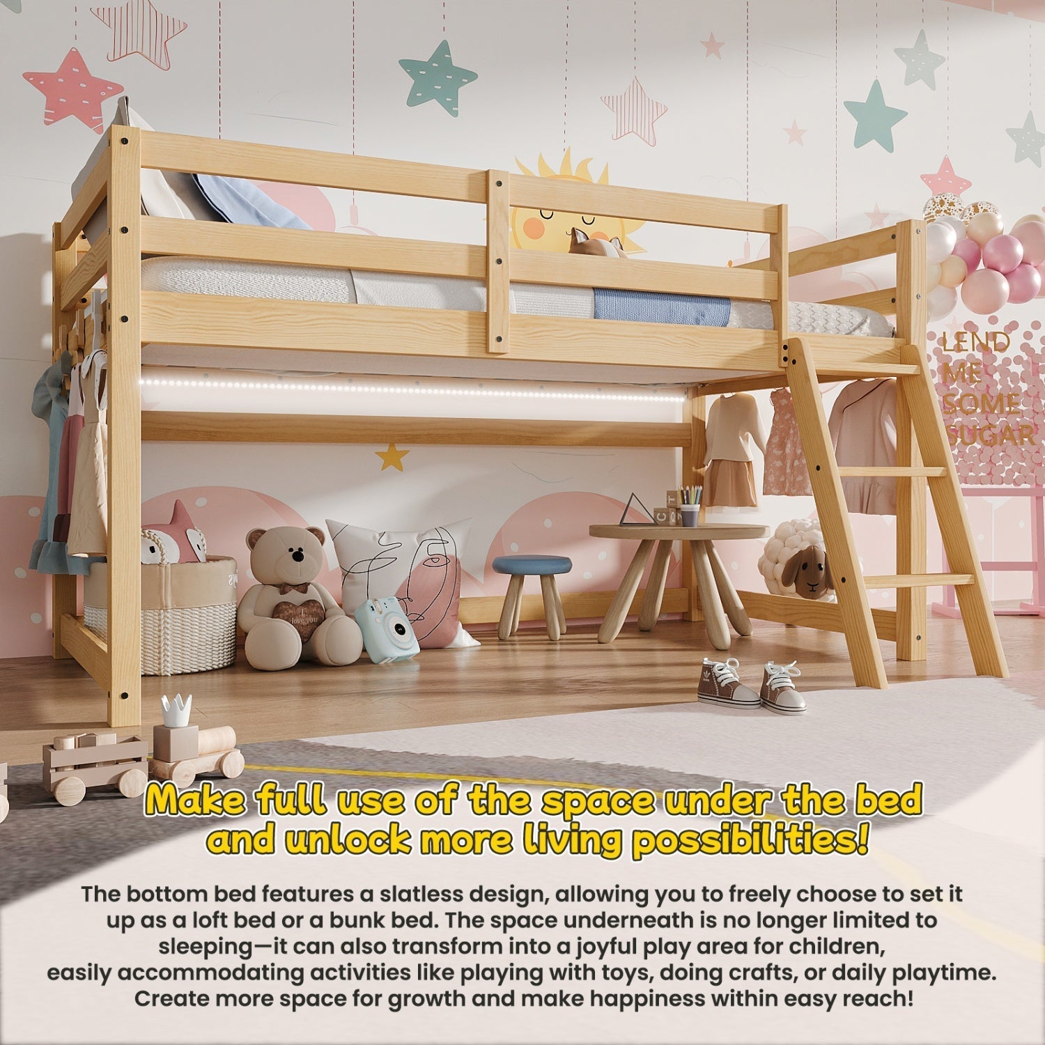 Bellemave® Bunk Bed Twin Over Twin with LED & Safety Hook, Loft Bed for Kids, Floor Bunk beds with Guardrails - Bellemave