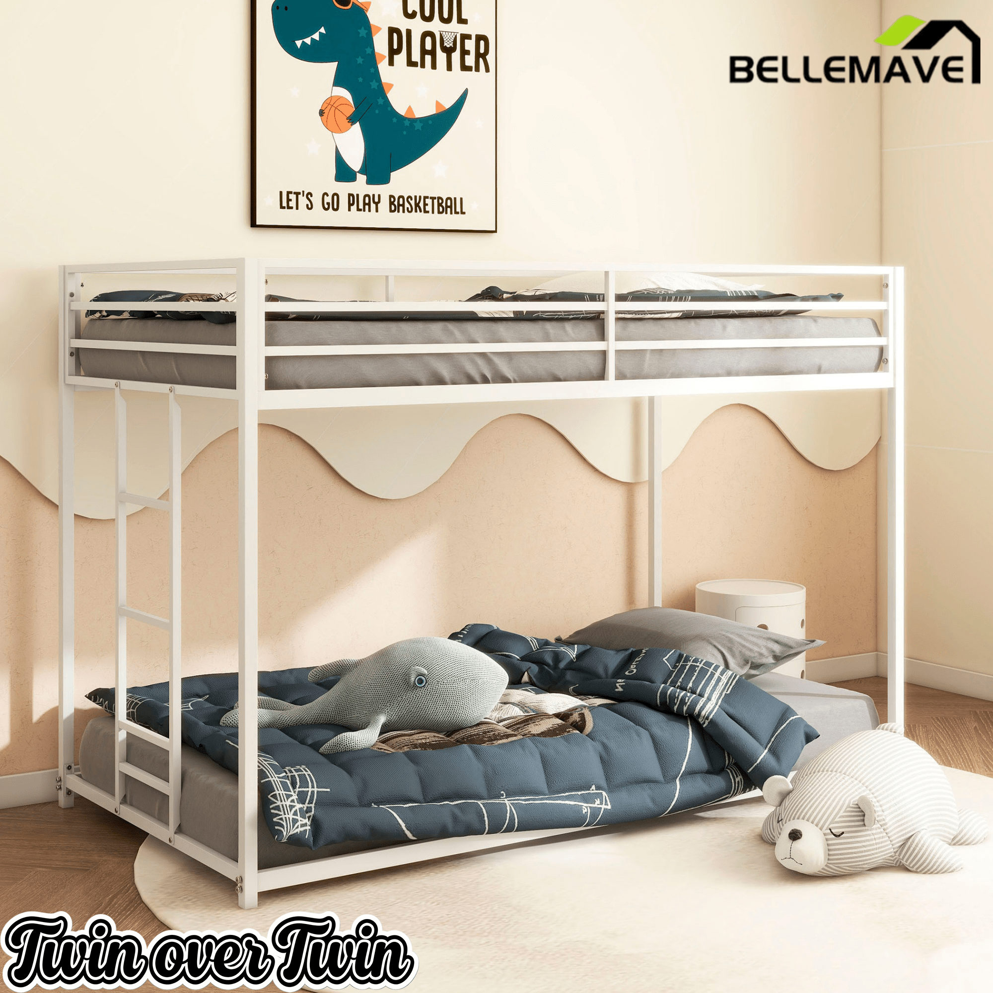 Bellemave® Bunk Bed Twin Over Twin,Metal Low Bunk Bed Frame with Guard Rails & Convertible Bed Ladder, White - Bellemave