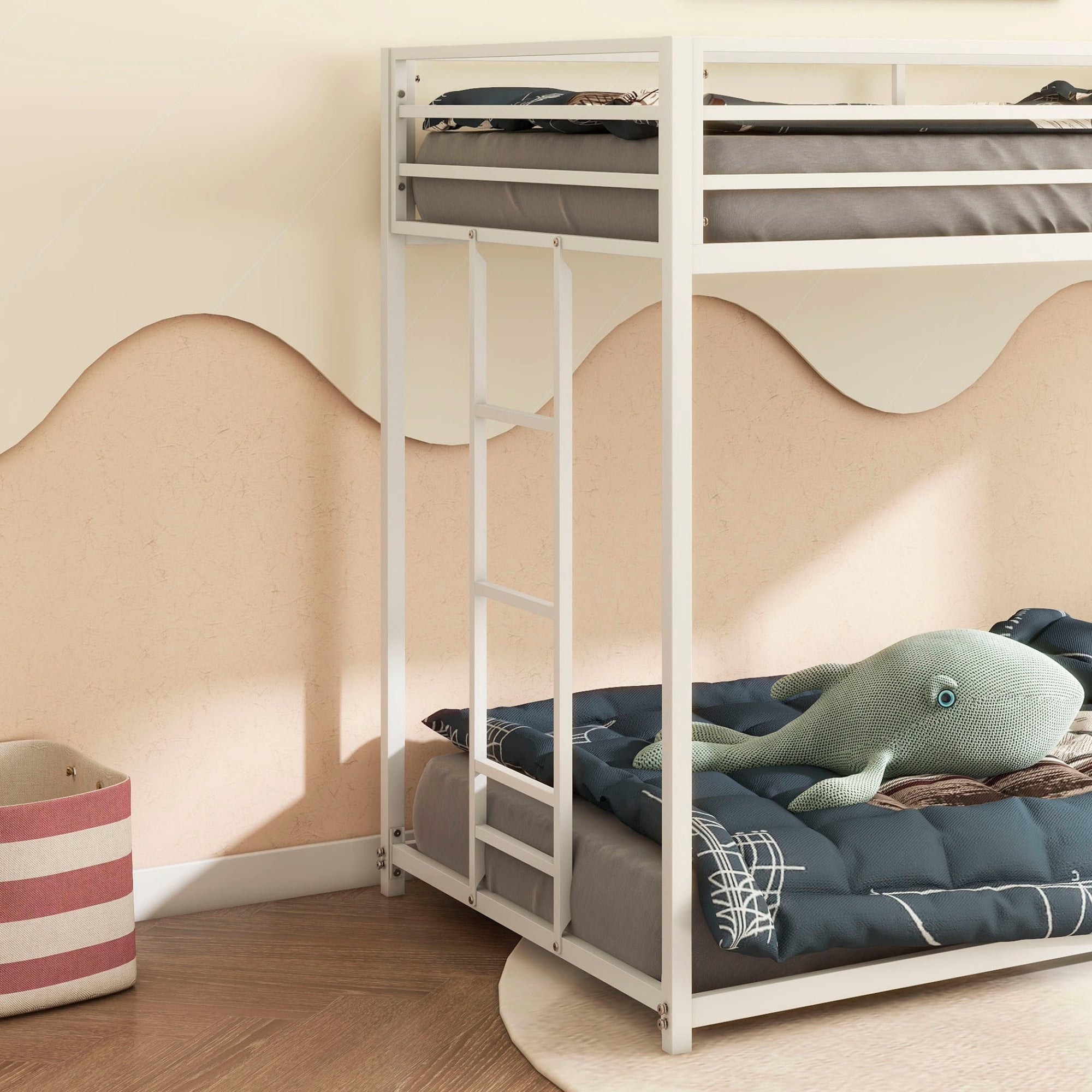 Bellemave® Bunk Bed Twin Over Twin,Metal Low Bunk Bed Frame with Guard Rails & Convertible Bed Ladder, White - Bellemave
