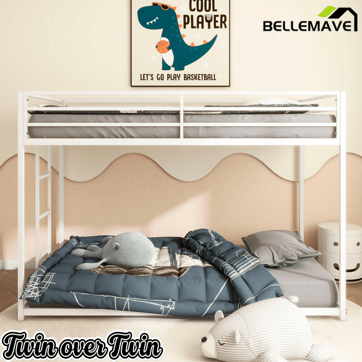 Bellemave® Bunk Bed Twin Over Twin,Metal Low Bunk Bed Frame with Guard Rails & Convertible Bed Ladder, White - Bellemave