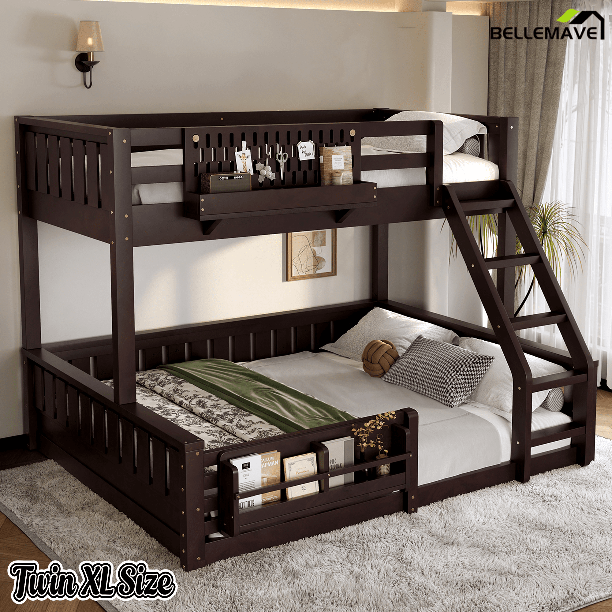 Bellemave® Bunk Bed Twin XL Over Queen with Rail and guardrail, Bunk beds with Pegboard and Bookshelf for Kids, Floor Bunk Bed with Fence, Beige - Bellemave