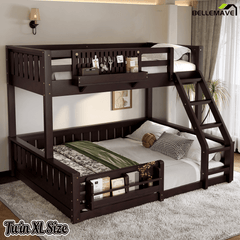 Bellemave® Bunk Bed Twin XL Over Queen with Rail and guardrail, Bunk beds with Pegboard and Bookshelf for Kids, Floor Bunk Bed with Fence, Beige - Bellemave