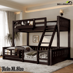Bellemave® Bunk Bed Twin XL Over Queen with Rail and guardrail, Bunk beds with Pegboard and Bookshelf for Kids, Floor Bunk Bed with Fence, Beige - Bellemave
