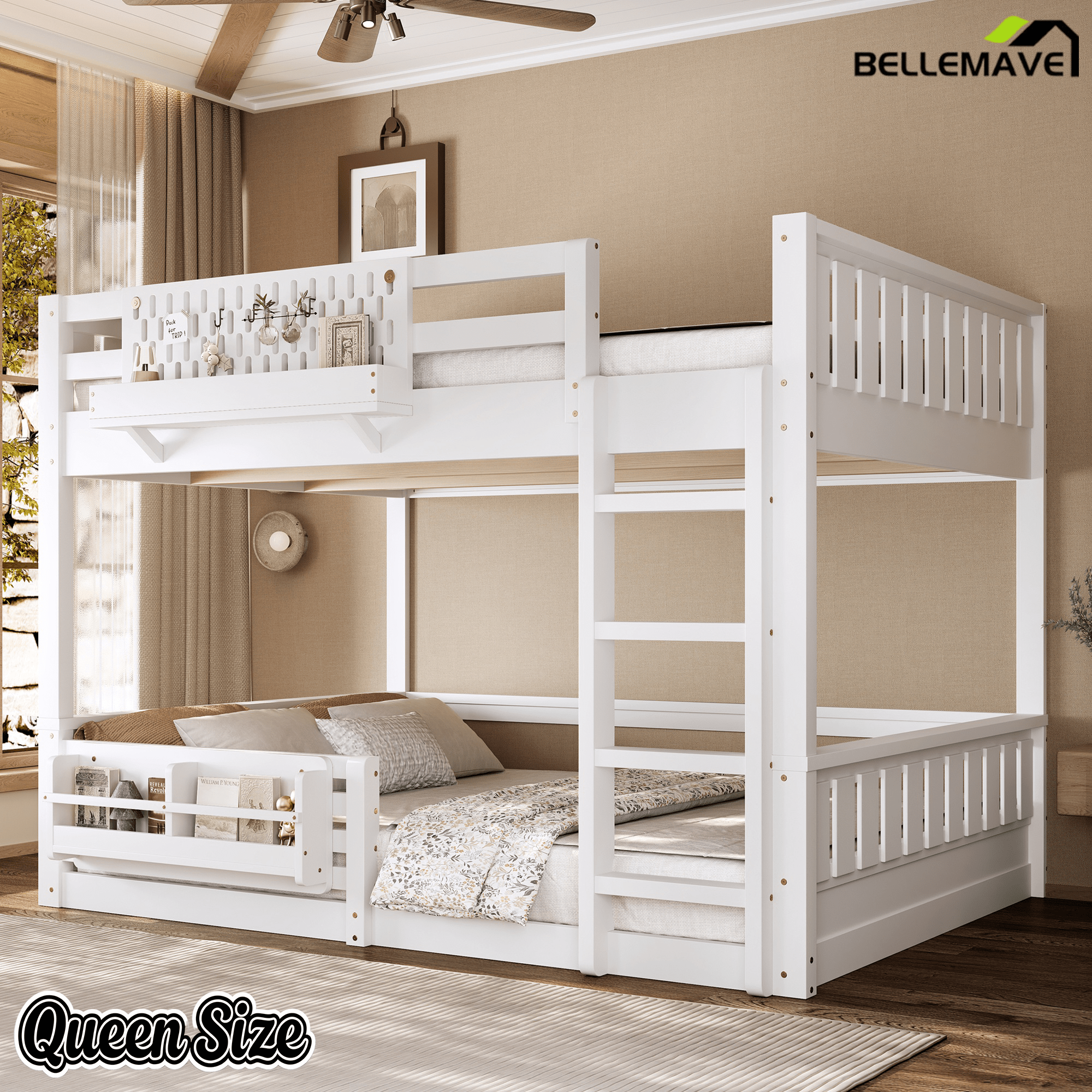 Bellemave® Bunk Bed Twin XL Over Queen with Rail and guardrail, Bunk beds with Pegboard and Bookshelf for Kids, Floor Bunk Bed with Fence, Beige - Bellemave