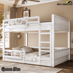 Bellemave® Bunk Bed Twin XL Over Queen with Rail and guardrail, Bunk beds with Pegboard and Bookshelf for Kids, Floor Bunk Bed with Fence, Beige - Bellemave