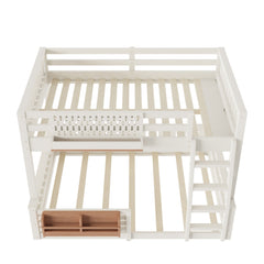 Bellemave® Bunk Bed Twin XL Over Queen with Rail and guardrail, Bunk beds with Pegboard and Bookshelf for Kids, Floor Bunk Bed with Fence, Beige - Bellemave