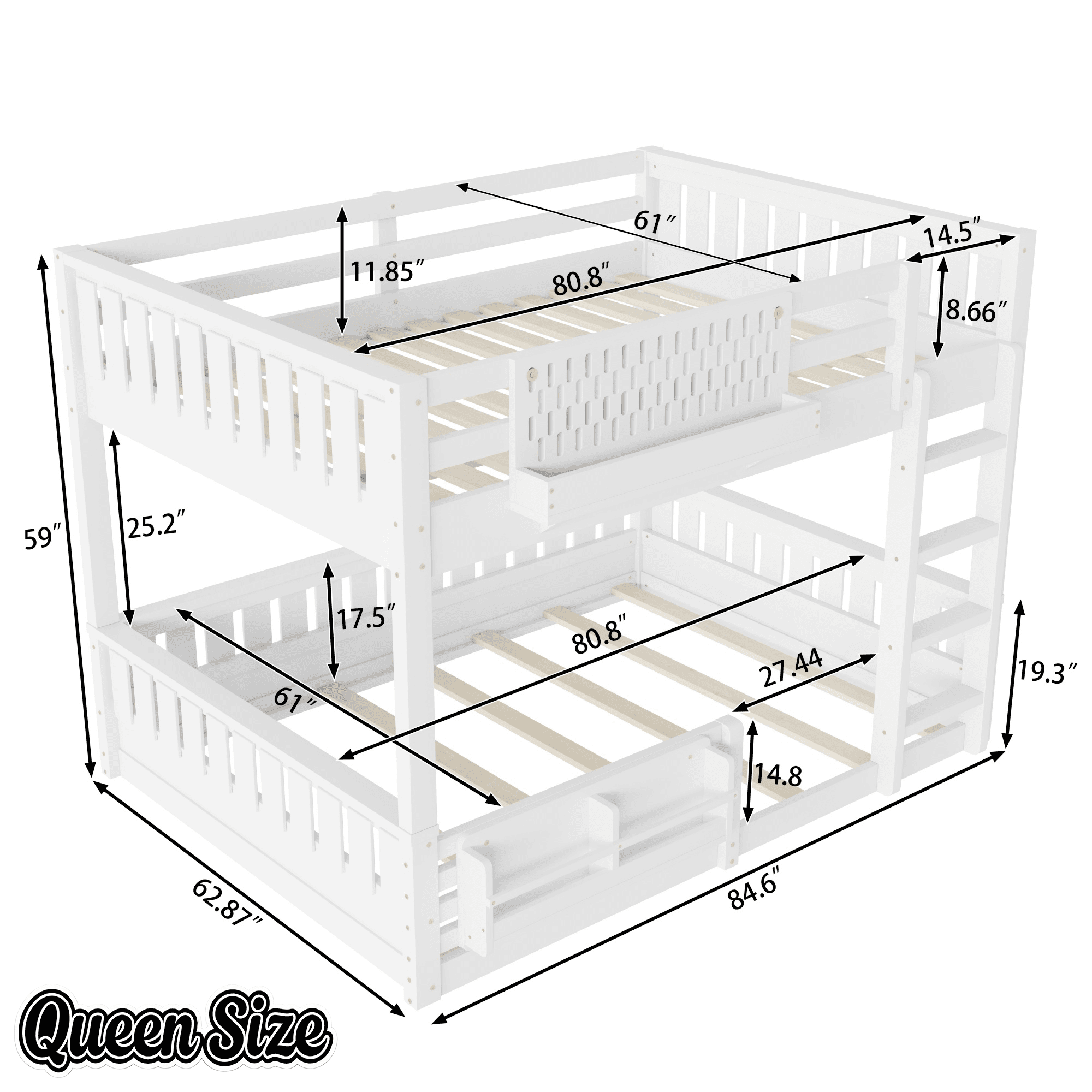 Bellemave® Bunk Bed Twin XL Over Queen with Rail and guardrail, Bunk beds with Pegboard and Bookshelf for Kids, Floor Bunk Bed with Fence, Beige - Bellemave