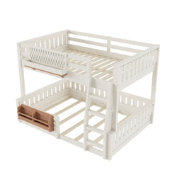 Bellemave® Bunk Bed Twin XL Over Queen with Rail and guardrail, Bunk beds with Pegboard and Bookshelf for Kids, Floor Bunk Bed with Fence, Beige - Bellemave