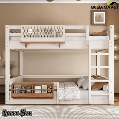 Bellemave® Bunk Bed Twin XL Over Queen with Rail and guardrail, Bunk beds with Pegboard and Bookshelf for Kids, Floor Bunk Bed with Fence, Beige - Bellemave