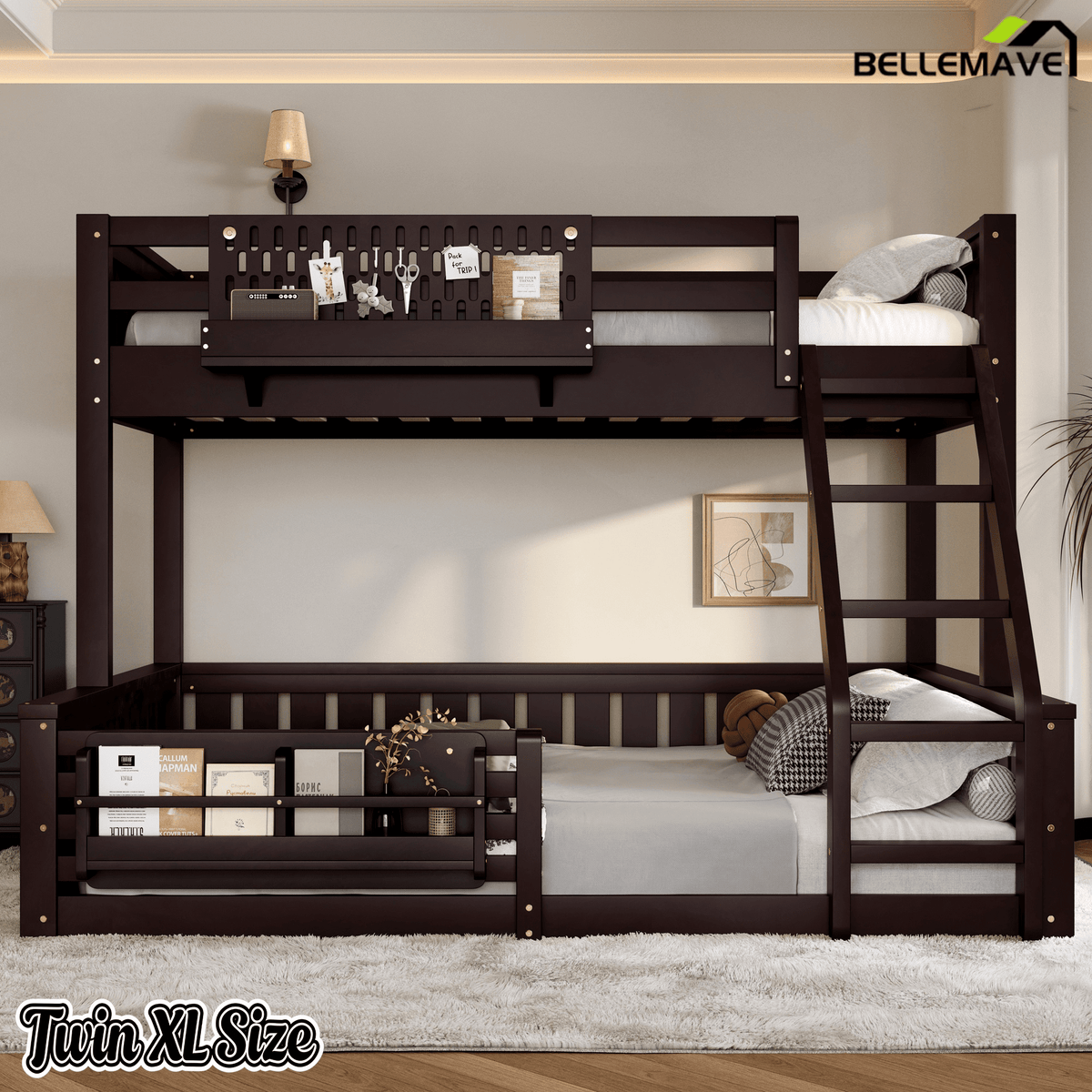 Bellemave® Bunk Bed Twin XL Over Queen with Rail and guardrail, Bunk beds with Pegboard and Bookshelf for Kids, Floor Bunk Bed with Fence, Beige - Bellemave