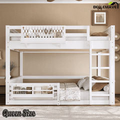 Bellemave® Bunk Bed Twin XL Over Queen with Rail and guardrail, Bunk beds with Pegboard and Bookshelf for Kids, Floor Bunk Bed with Fence, Beige - Bellemave